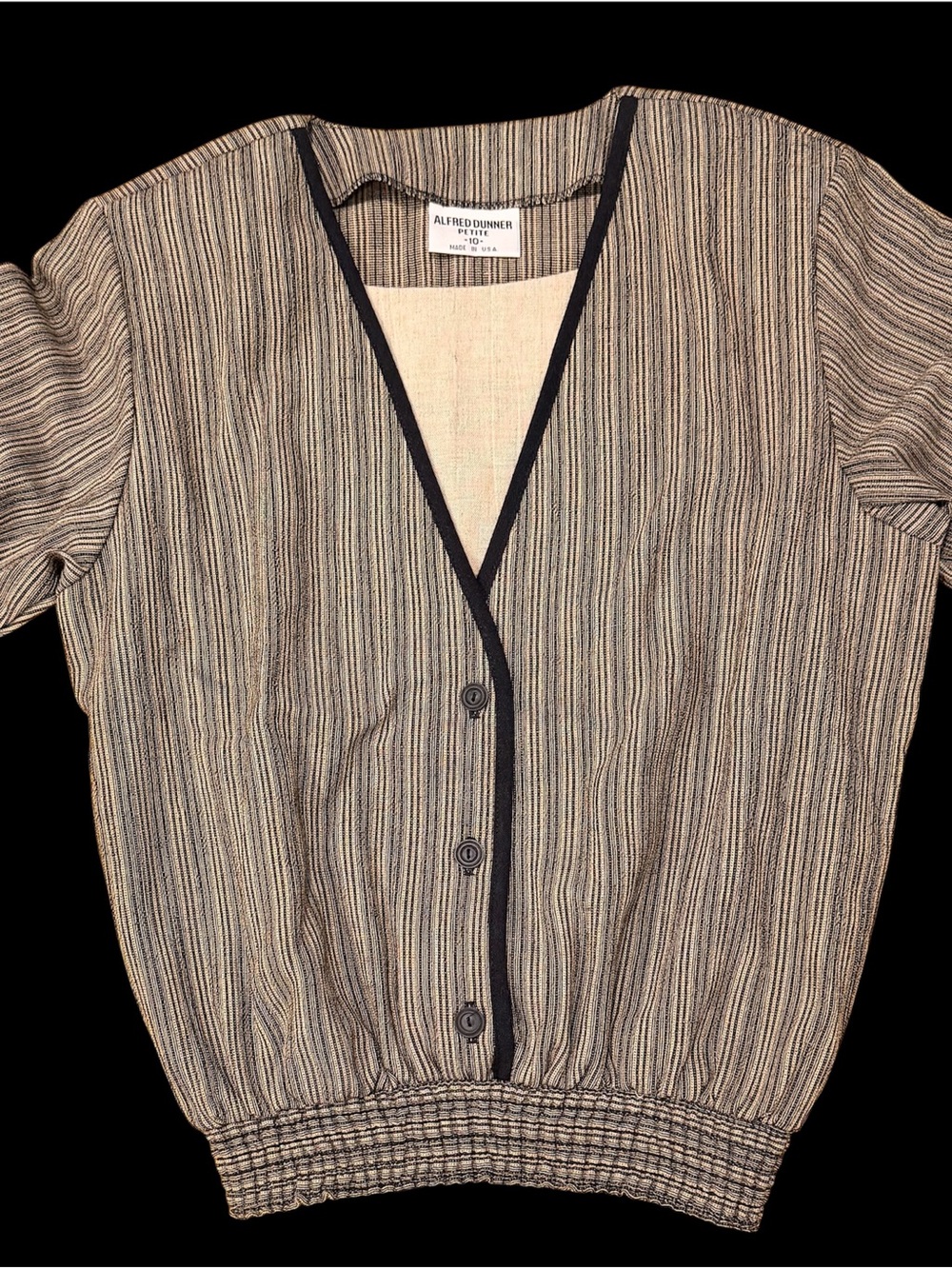 Alfred Dunner Beige Striped V-Neck Button Front Top with Black Trim